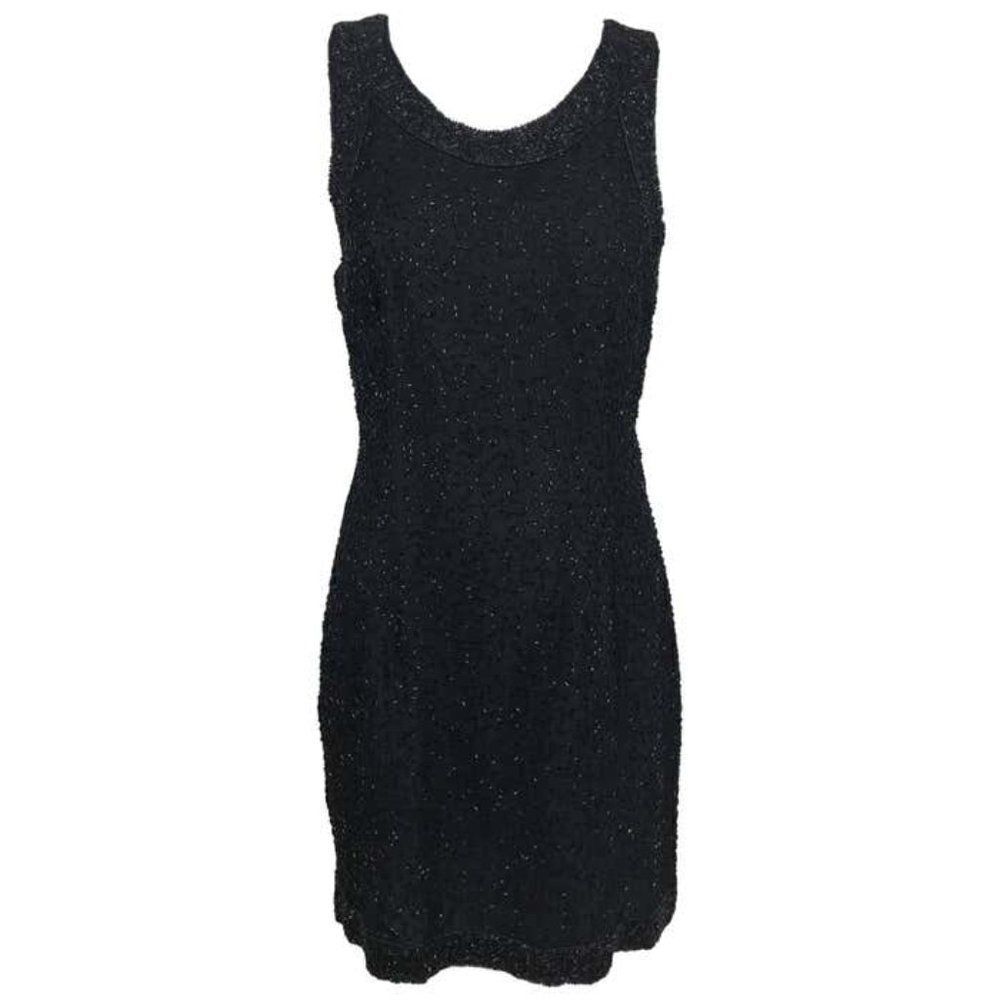 Vintage Laurence Kazar Black Silk Chiffon Bugle Beaded LBD Cocktail Dress 1980's